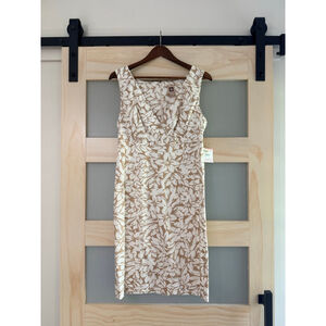 NWT Anne Klein Floral Sheath Dress Beige White Size 10 Sleeveless Cotton Blend